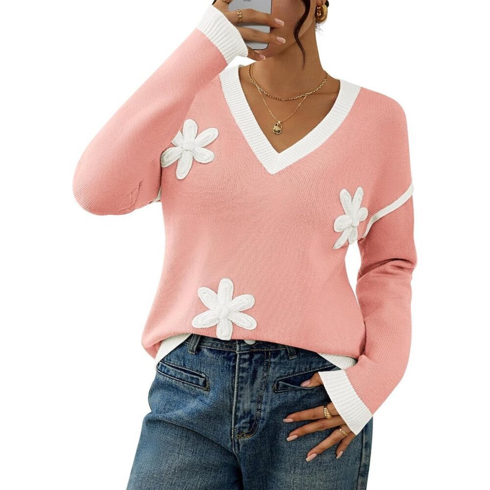 Women's Soft Knit V-Neck Oversized Sweater Long Sleeve Fall Casual Tops